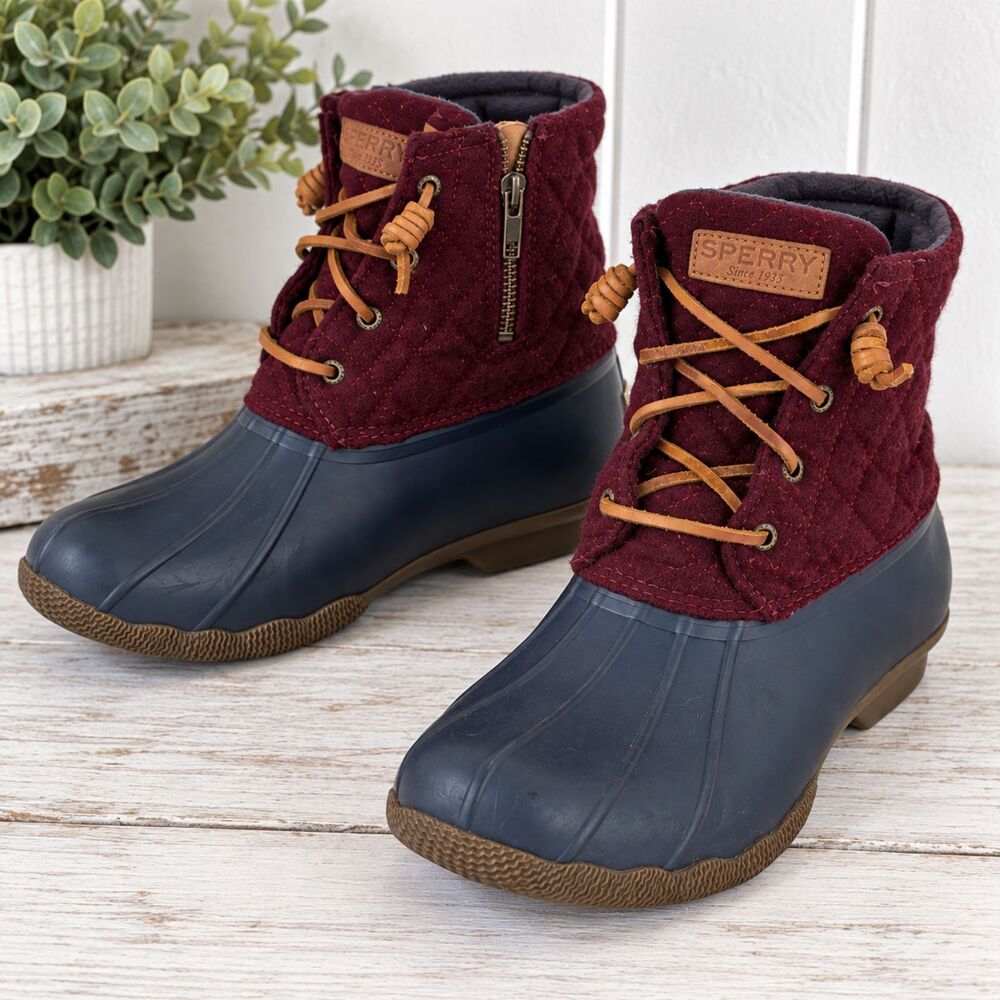 Sperry Saltwater Duck Boots Women’s 9 wool blend upper Burgundy Navy rain boots